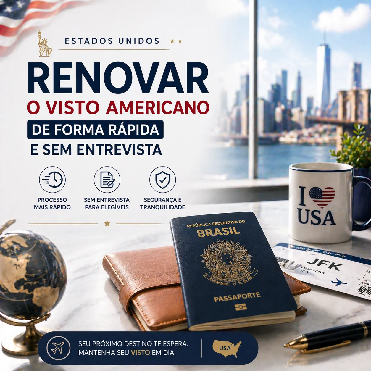 Imagem principal para o artigo Como renovar o visto americano de forma rápida e sem entrevista da Now Vistos
